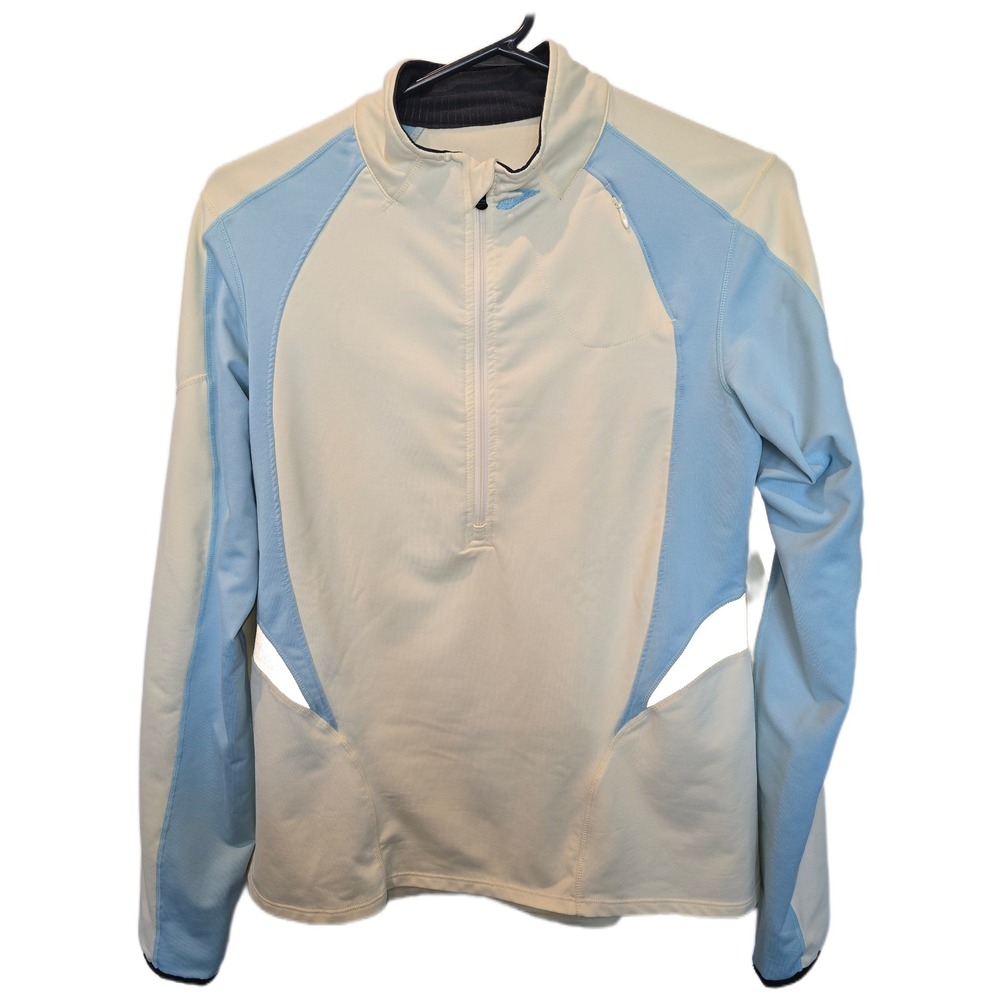 Brooks Womens Quarter Zip Running Pullover Cream Blue Reflective Long Sleeve Top